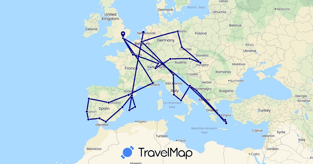 TravelMap itinerary: driving in Austria, Belgium, Switzerland, Czech Republic, Germany, Spain, France, United Kingdom, Greece, Croatia, Hungary, Italy, Netherlands, Portugal (Europe)